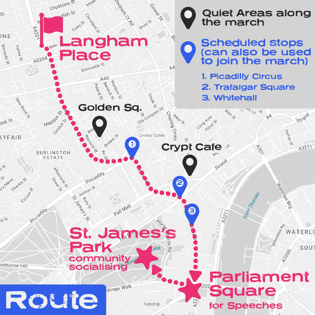 Map showing a march route through central London starting at Langham Place and ending at Parliament Square. The route is marked with a pink dotted line and includes scheduled stops at Piccadilly Circus, Trafalgar Square, and Whitehall, indicated with blue map pins numbered 1 to 3. Quiet areas are marked with black map pins at Golden Square and Crypt Cafe. The route passes through St. James's Park, labeled for community socialising, and ends at Parliament Square for speeches. A blue label at the bottom left corner says 'Route'.